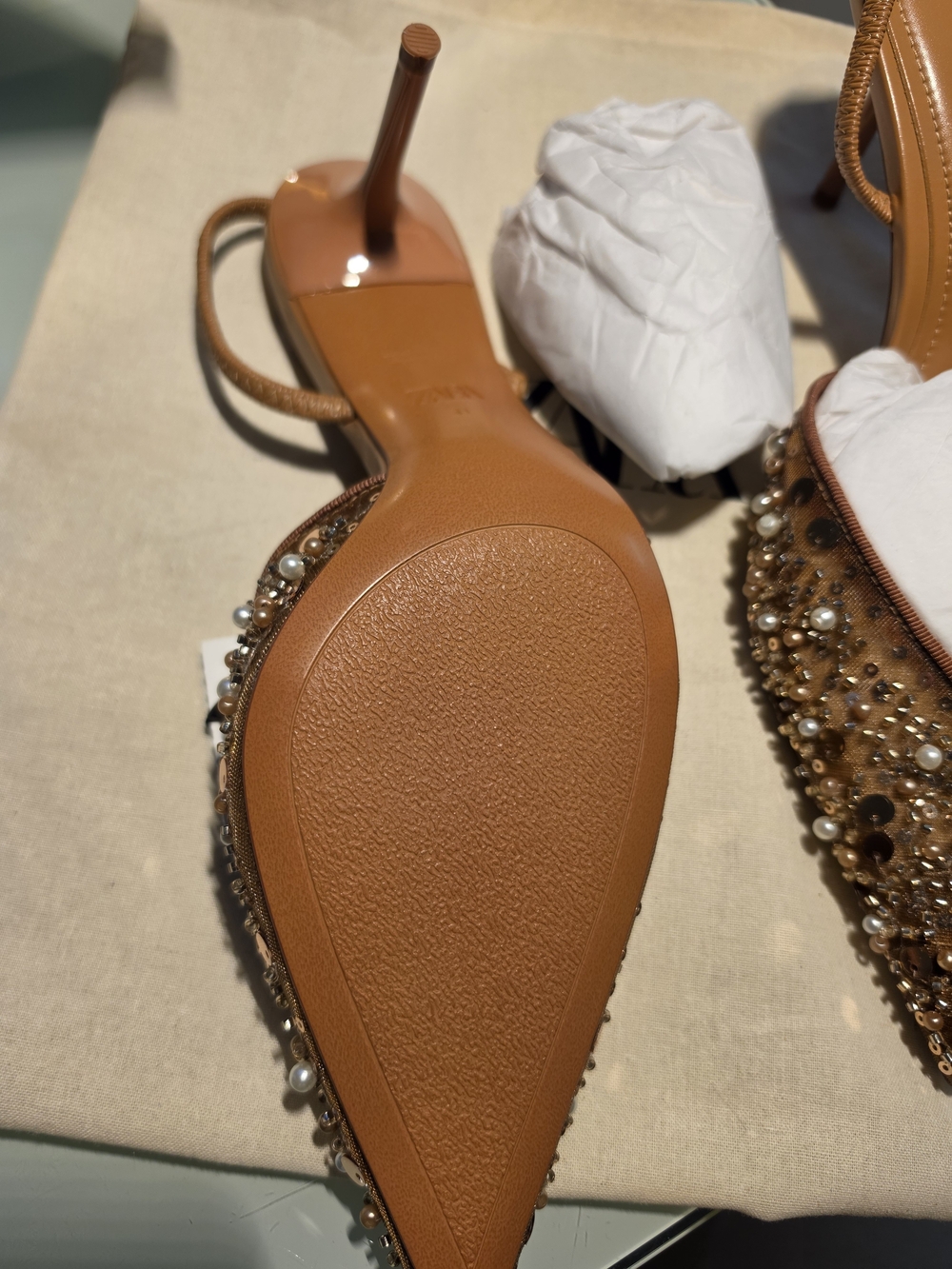 Zara Embellished Pointed Slingback Mules in Brown - Picture 2 of 6